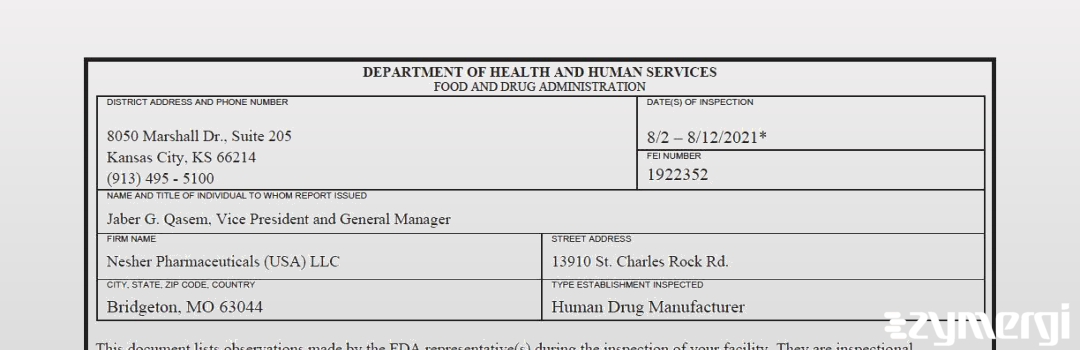 FDANews 483 Nesher Pharmaceuticals (USA) LLC Aug 12 2021 top