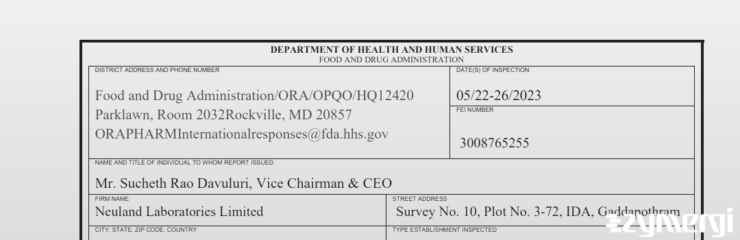 FDANews 483 NEULAND LABORATORIES LIMITED May 26 2023 top