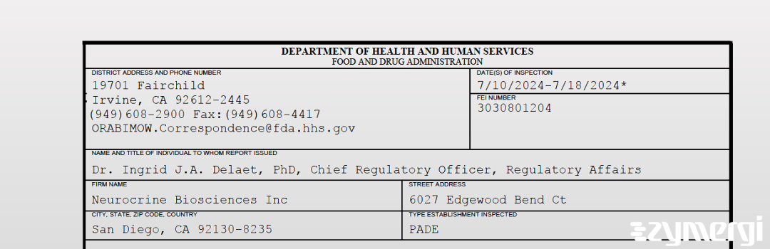 FDANews 483 Neurocrine Biosciences Inc Jul 18 2024 top