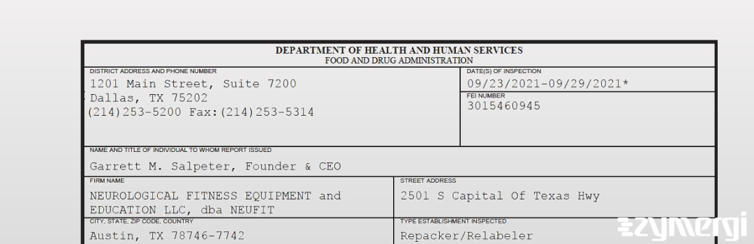 FDANews 483 NEUROLOGICAL FITNESS EQUIPMENT and EDUCATION LLC, dba NEUFIT Sep 29 2021 top