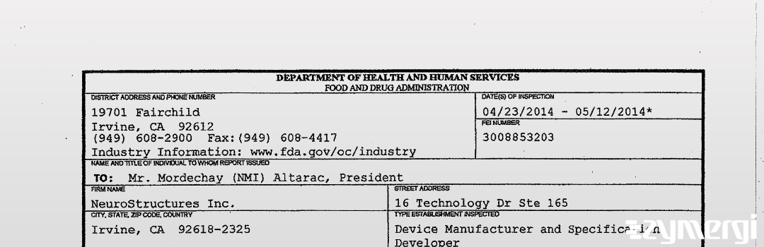 FDANews 483 NeuroStructures LLC May 12 2014 top