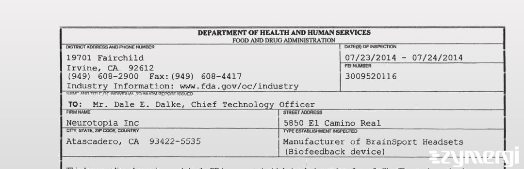 FDANews 483 Neurotopia Inc Jul 24 2014 top