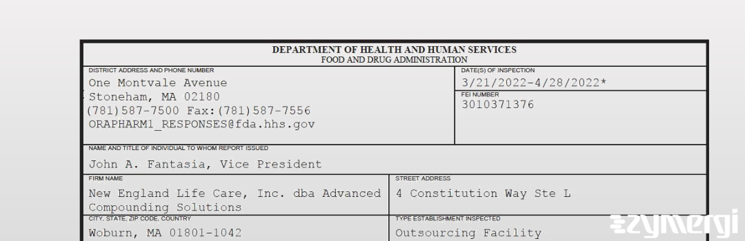 FDANews 483 New England Life Care, Inc. dba Advanced Compounding Solutions Apr 28 2022 top