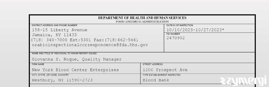 FDANews 483 New York Blood Center Enterprises Oct 27 2023 top