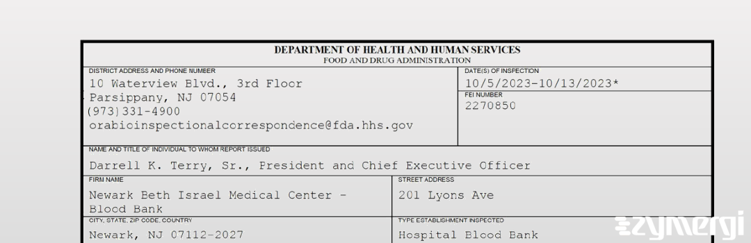 FDANews 483 Newark Beth Israel Medical Center - Blood Bank Oct 13 2023 top