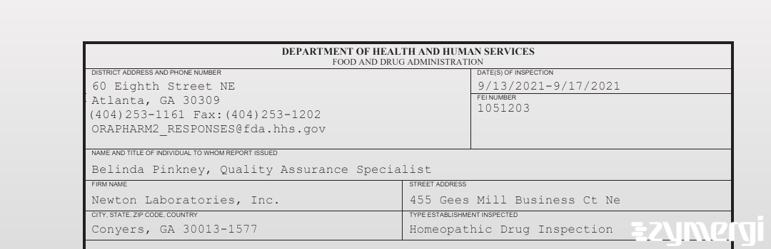 FDANews 483 Newton Laboratories, Inc. Sep 17 2021 top