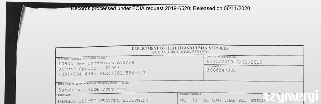 FDANews 483 NINGBO BESMED MEDICAL EQUIPMENT Jun 12 2019 top