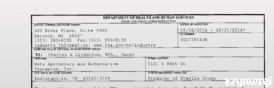 FDANews 483 Nora Apothecary and Alternative Therapies, Inc. Aug 21 2014 top