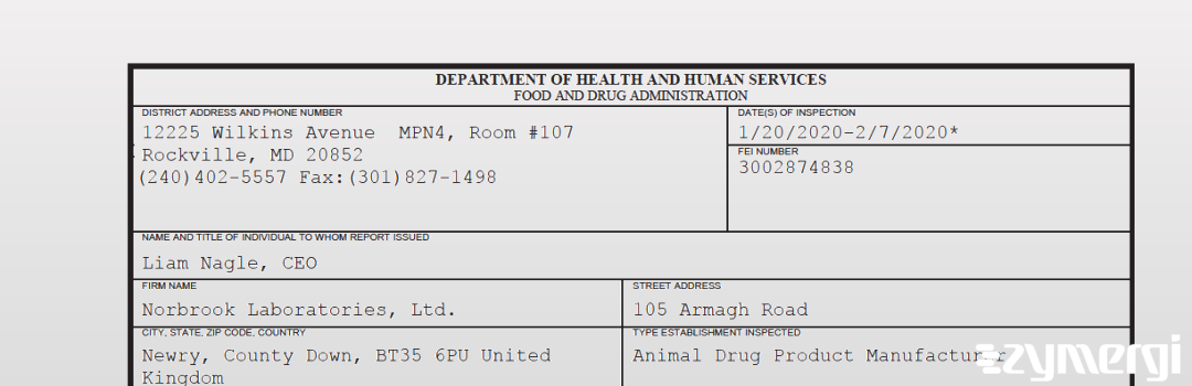 FDANews 483 Norbrook Laboratories, Ltd. Feb 7 2020 top