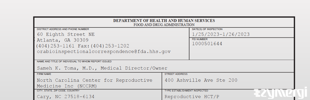 FDANews 483 North Carolina Center for Reproductive Medicine Inc (NCCRM) Jan 26 2023 top