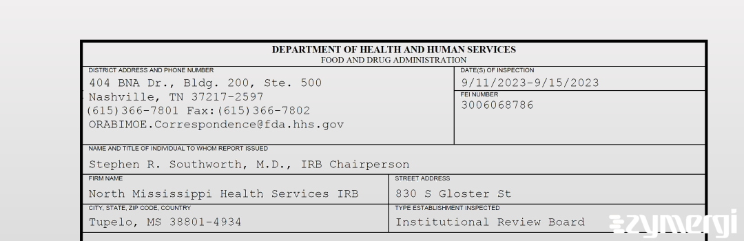 FDANews 483 North Mississippi Health Services IRB Sep 15 2023 top