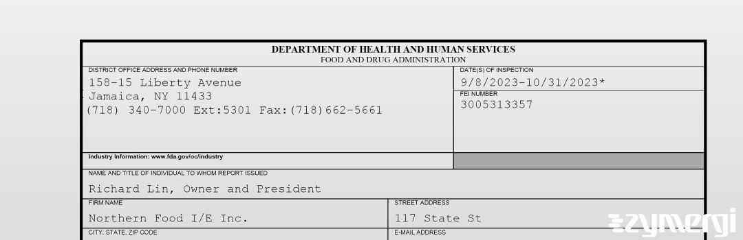 FDANews 483 Northern Food I/E Inc. Oct 31 2023 top