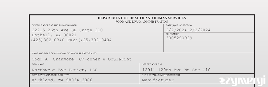 FDANews 483 Northwest Eye Design, LLC Feb 2 2024 top