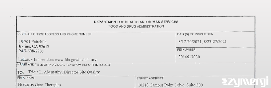 FDANews 483 Novartis Gene Therapies Aug 27 2021 top