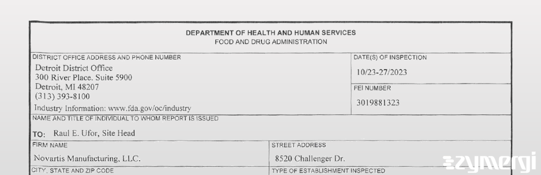 FDANews 483 Novartis Manufacturing LLC Oct 27 2023 top