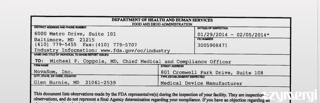 FDANews 483 NovaSom, Inc. Feb 5 2014 top