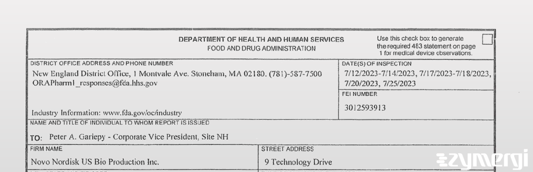 FDANews 483 Novo Nordisk US Bio Production Inc. Jul 25 2023 top