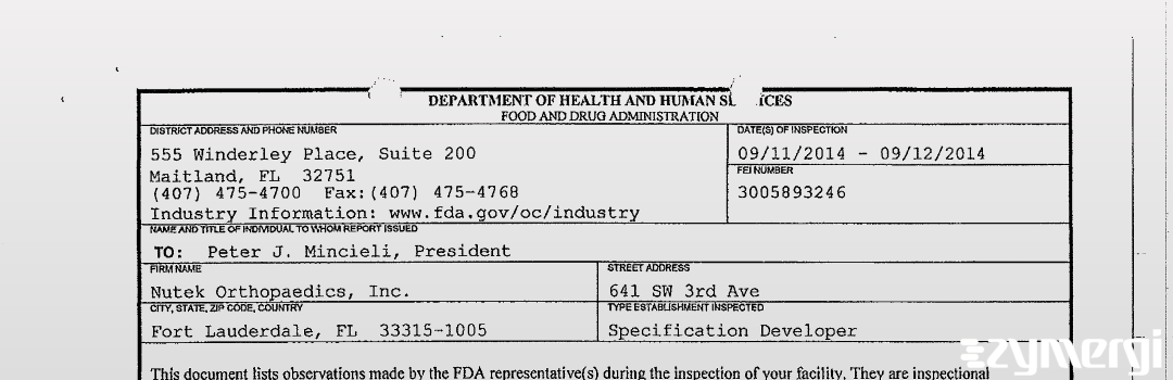 FDANews 483 Nutek Orthopaedics, Inc. Sep 12 2014 top