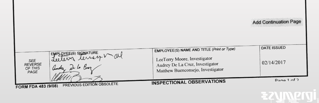 Kevin T. Gerrity FDA Investigator Dariusz Galezowski FDA Investigator Matthew R. Buenconsejo FDA Investigator Audrey A. De La Cruz FDA Investigator Leeterry Moore FDA Investigator De La Cruz, Audrey A FDA Investigator 