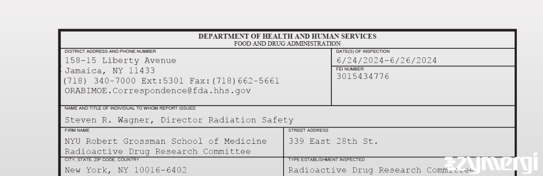FDANews 483 NYU Robert Grossman School of Medicine Radioactive Drug Research Committee Jun 26 2024 top