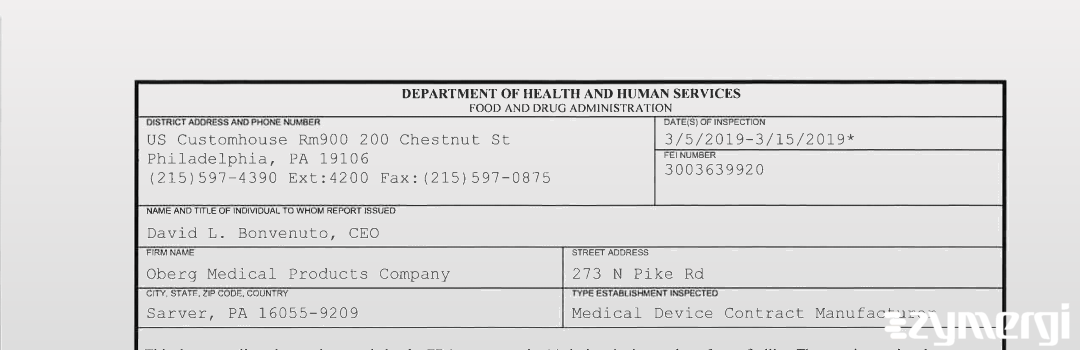 FDANews 483 Oberg Medical Products Company Mar 15 2019 top