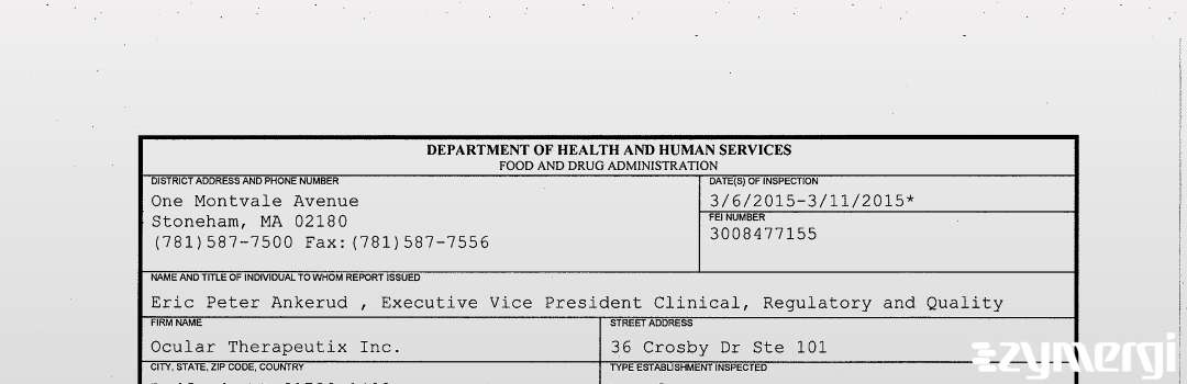 FDANews 483 Ocular Therapeutix Inc. Mar 11 2015 top