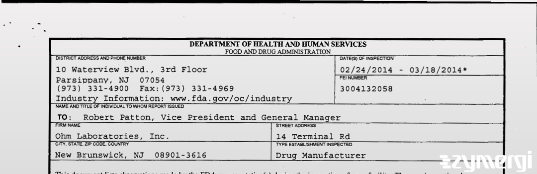 FDANews 483 Ohm Laboratories, Inc. Mar 18 2014 top