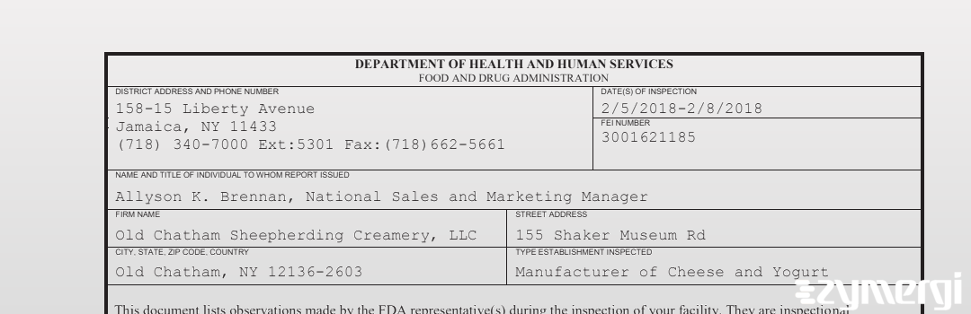 FDANews 483 Old Chatham Sheepherding Creamery, LLC Feb 8 2018 top