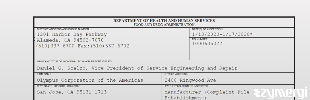 FDANews 483 Olympus Corporation of the Americas Jan 17 2020 top