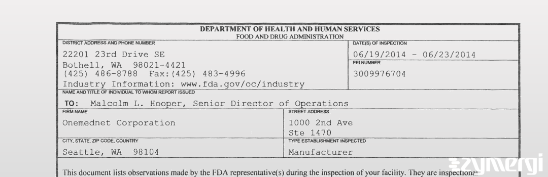 FDANews 483 Onemednet Corporation Jun 23 2014 top