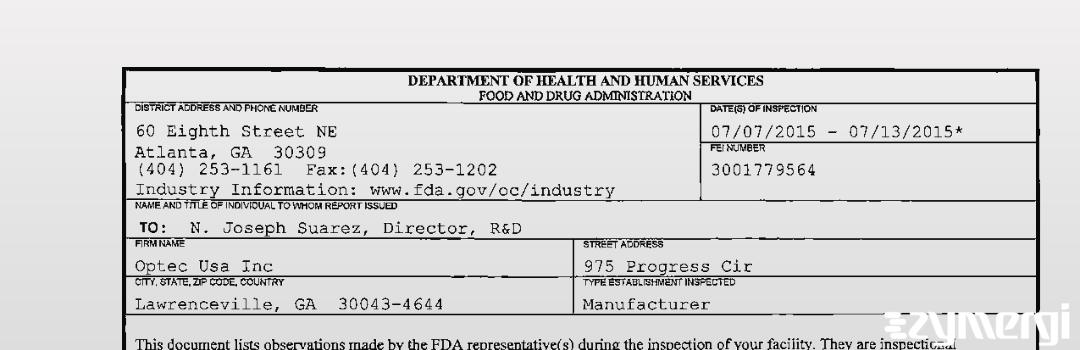 FDANews 483 Optec Usa Inc Jul 13 2015 top