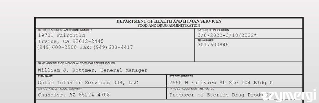 FDANews 483 Optum Infusion Services 308, LLC Mar 18 2022 top