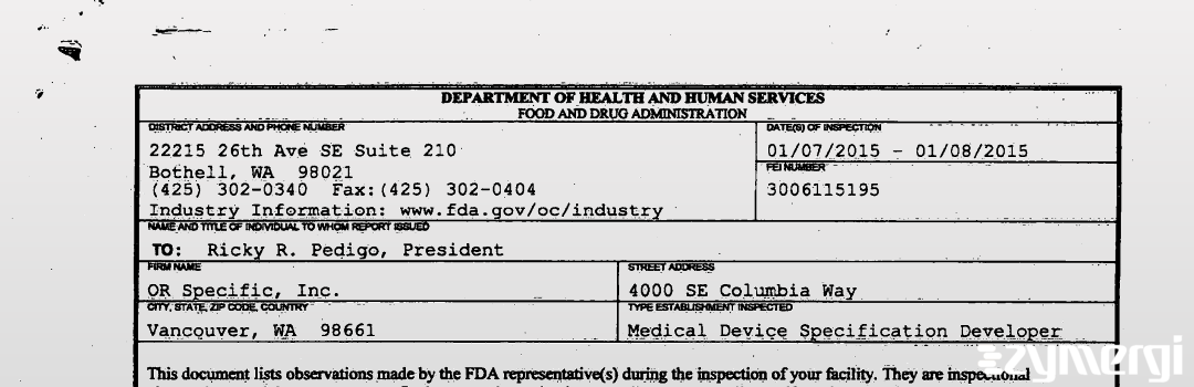 FDANews 483 OR Specific, Inc. Jan 8 2015 top