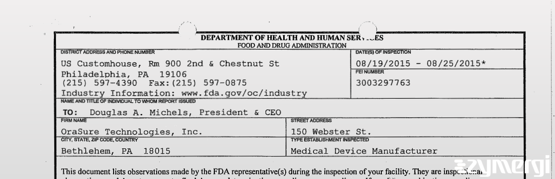 FDANews 483 OraSure Technologies, Inc. Aug 25 2015 top