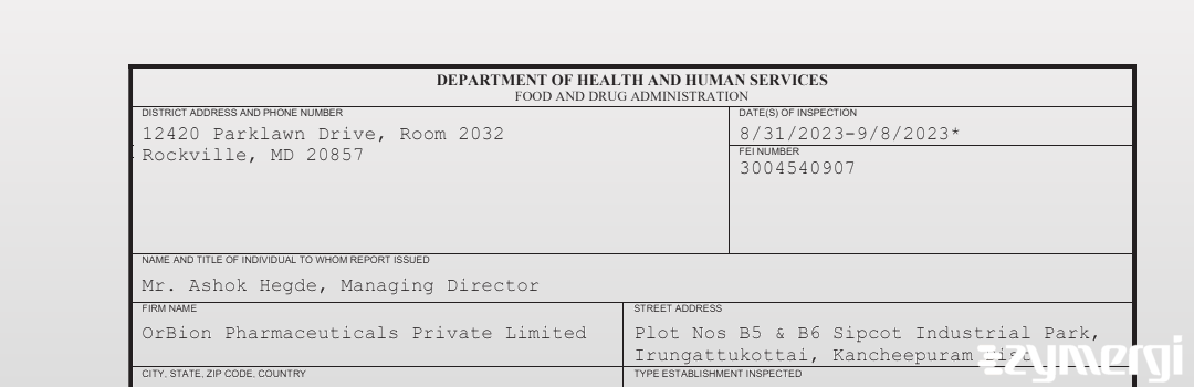 FDANews 483 OrBion Pharmaceuticals Private Limited Sep 8 2023 top