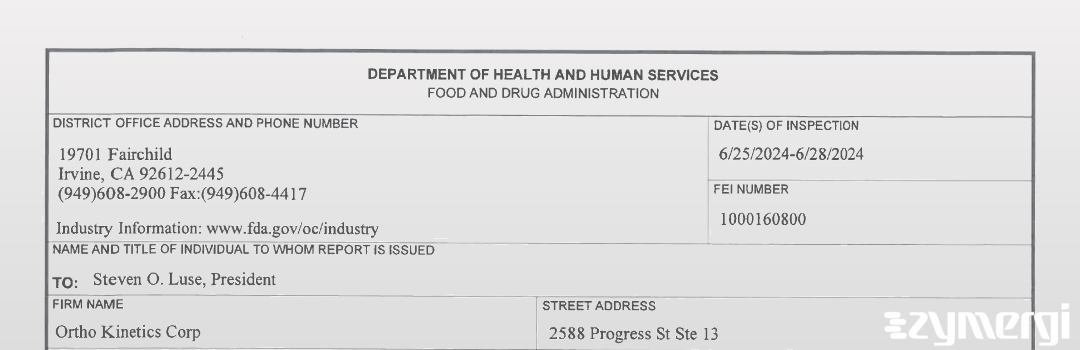 FDANews 483 Ortho Kinetics Corp Jun 28 2024 top