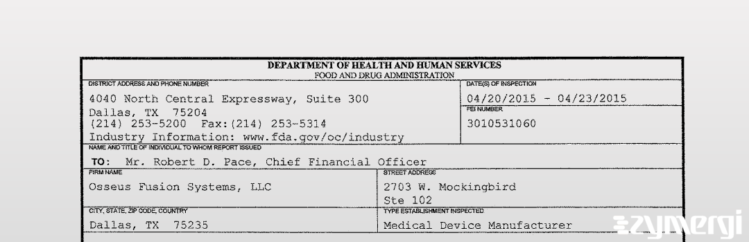 FDANews 483 Osseus Fusion Systems, LLC Apr 23 2015 top