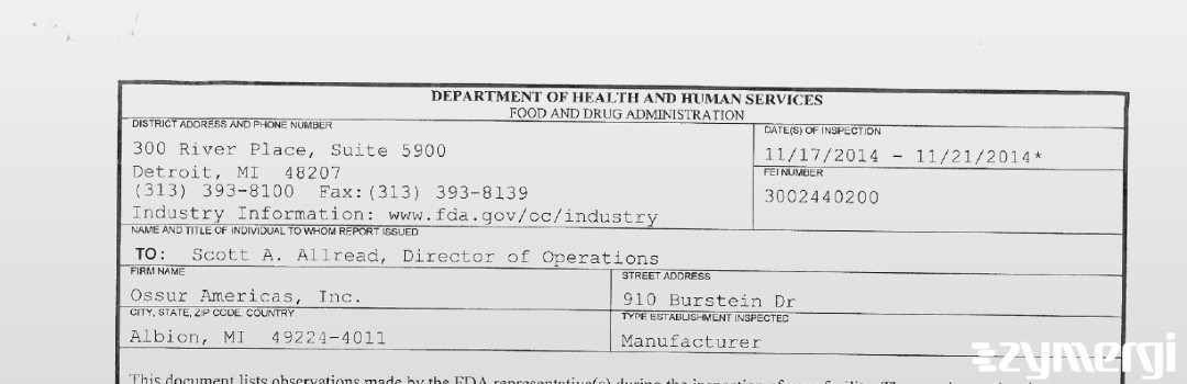 FDANews 483 Ossur Americas, Inc. Nov 21 2014 top