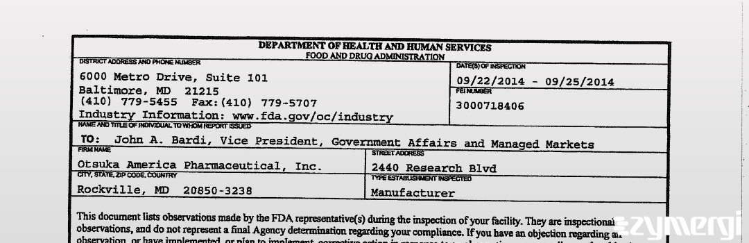 FDANews 483 Otsuka America Pharmaceutical, Inc Sep 26 2014 top