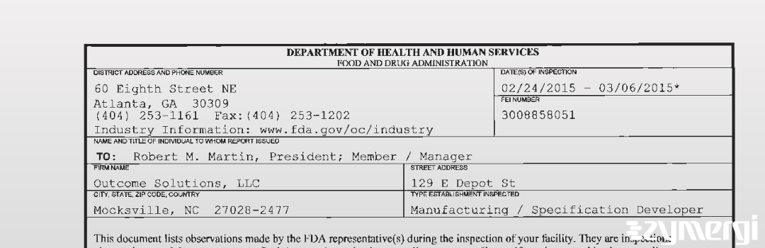 FDANews 483 Outcome Solutions, LLC Mar 6 2015 top
