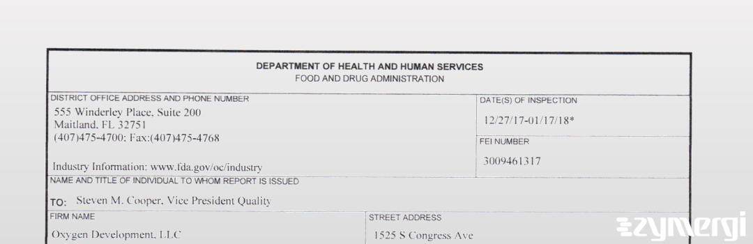 FDANews 483 OXYGEN DEVELOPMENT, L.L.C. Jan 17 2018 top