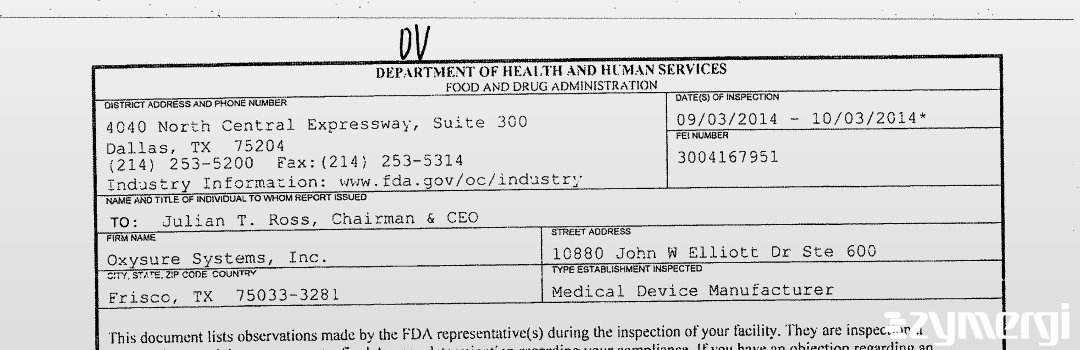 FDANews 483 Oxysure Systems, Inc. Oct 3 2014 top