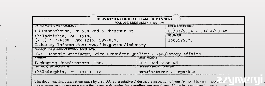 FDANews 483 Packaging Coordinators, Inc. Mar 14 2014 top