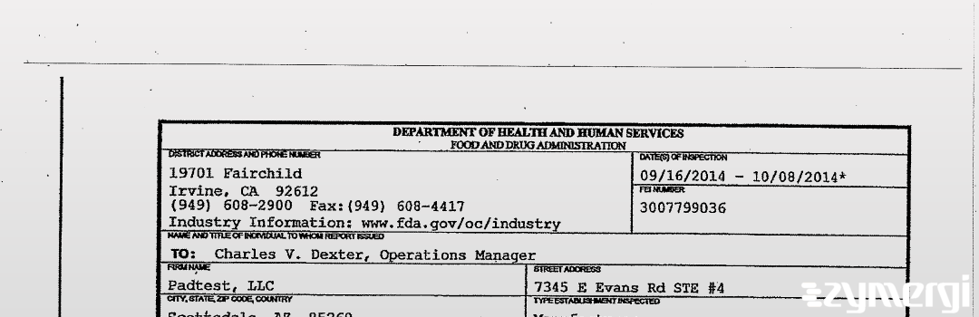 FDANews 483 Padtest, LLC Oct 8 2014 top