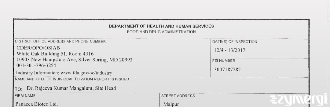FDANews 483 Panacea Biotec Limited Dec 13 2017 top