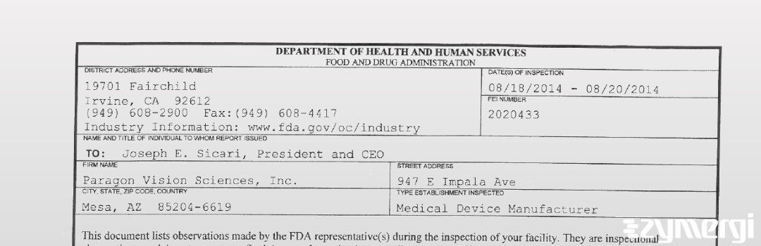 FDANews 483 Paragon Vision Sciences Inc Aug 20 2014 top