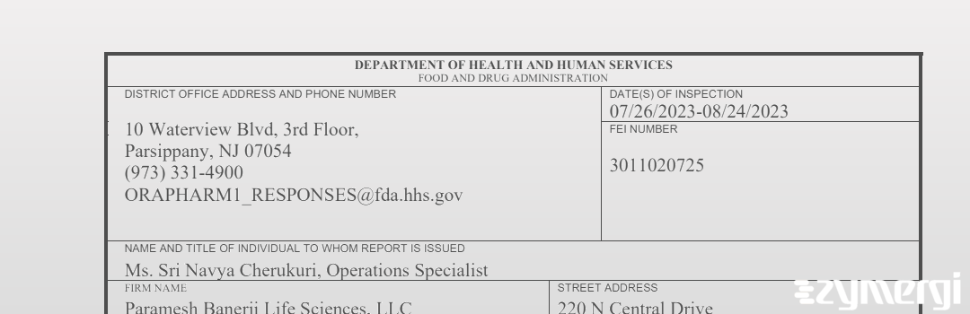 FDANews 483 Paramesh Banerji Life Sciences, LLC Aug 24 2023 top