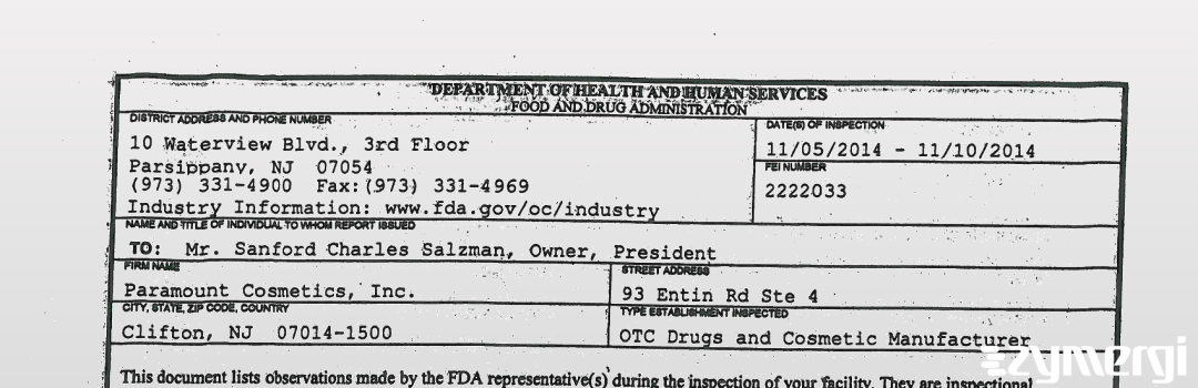 FDANews 483 Paramount Cosmetics, Inc. Nov 10 2014 top