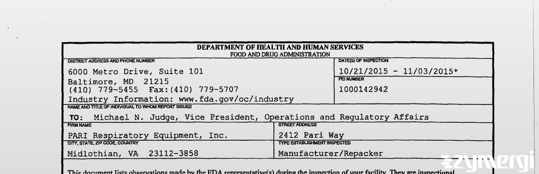 FDANews 483 PARI Respiratory Equipment, Inc Nov 3 2015 top