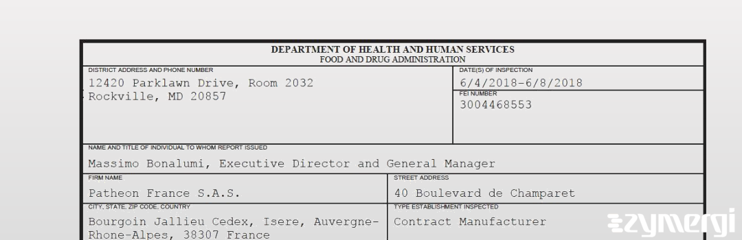 FDANews 483 Patheon France S.A.S. Jun 8 2018 top